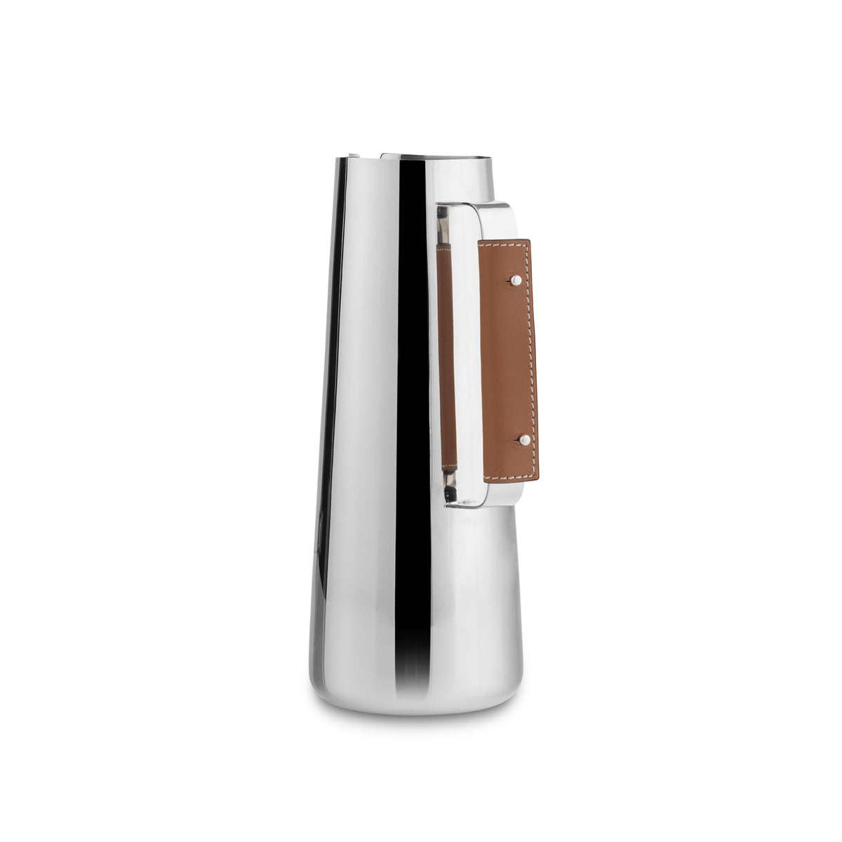 Nambé Tahoe Pitcher made of tapered stainless steel with a brown leather-wrapped handle.