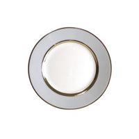 The Recamier MAK Grey & Platinum Dinnerware by Royal Limoges/Bia Cordon Bleu is a round white Limoges porcelain plate, featuring a wide light gray border and thin platinum rim—an elegant piece of contemporary dinnerware.