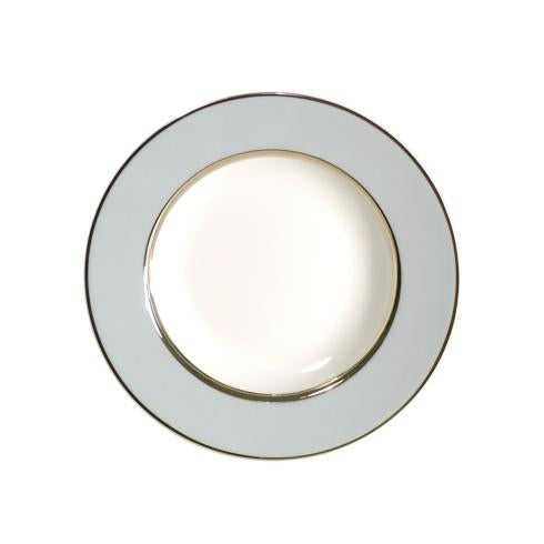 The Recamier MAK Grey & Platinum Dinnerware by Royal Limoges/Bia Cordon Bleu features a white ceramic plate with a wide light gray border and a slim platinum rim, shown from above on a plain white background.