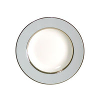 The Recamier MAK Grey & Platinum Dinnerware by Royal Limoges/Bia Cordon Bleu features a white ceramic plate with a wide light gray border and a slim platinum rim, shown from above on a plain white background.