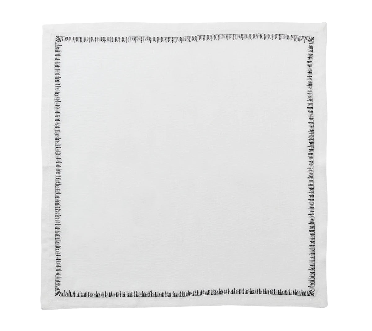 The Kim Seybert Filament Napkin White & Gunmetal Set of 4 features square white linen napkins with a simple gunmetal stitched border, displayed flat against a white background.