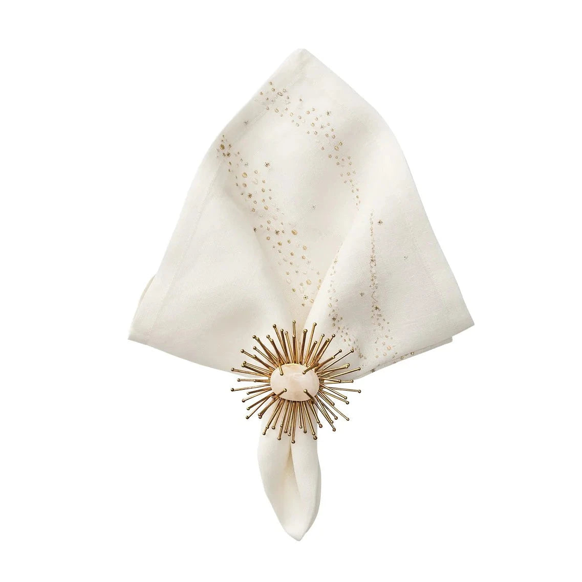 The Kim Seybert Star Spray Napkin White & Gold & Silver Set of 4 features elegant white linen napkins with subtle dots, each adorned with a decorative gold sunburst ring for a sophisticated table setting.
