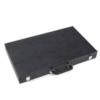 A closed rectangular briefcase in onyx black by Brouk & Co, featuring a handle and two metal clasps, displayed on a white background—perfect as a gift or for carrying your Backgammon Set.