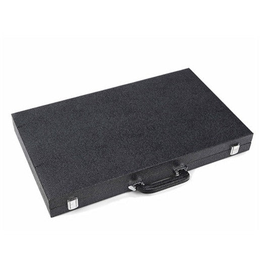 A closed rectangular briefcase in onyx black by Brouk & Co, featuring a handle and two metal clasps, displayed on a white background—perfect as a gift or for carrying your Backgammon Set.
