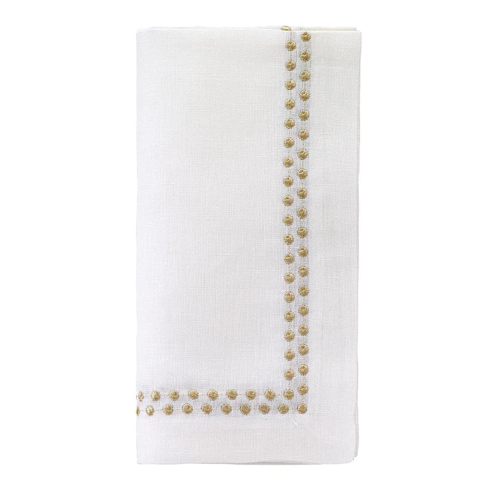 The Pearls Napkin Gold Set of 4 by Bodrum features white linen napkins bordered with small, evenly spaced gold dots on two edges—folded neatly and ideal for adding elegance to your dinner table.