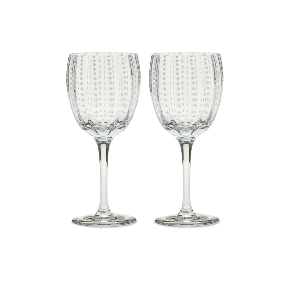 The Zafferano Perle Wine Goblet Set of 2 features clear, dotted textured goblets standing side by side on a white background. Made in Italy.