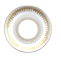 The lens resembles Marie Daâge Rafia 5 Dinnerware by Marie Daâge, with a circular pattern, dark brown outer ring, and lighter brown/yellow gradient at the center. It’s shown singly against a white background.