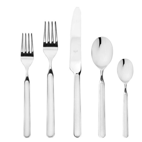 The Mepra Fantasia Flatware 5 Piece Set, available in 16 colors, includes two forks, a knife, a tablespoon, and a teaspoon made from stainless steel—dishwasher safe and shown on a white background.