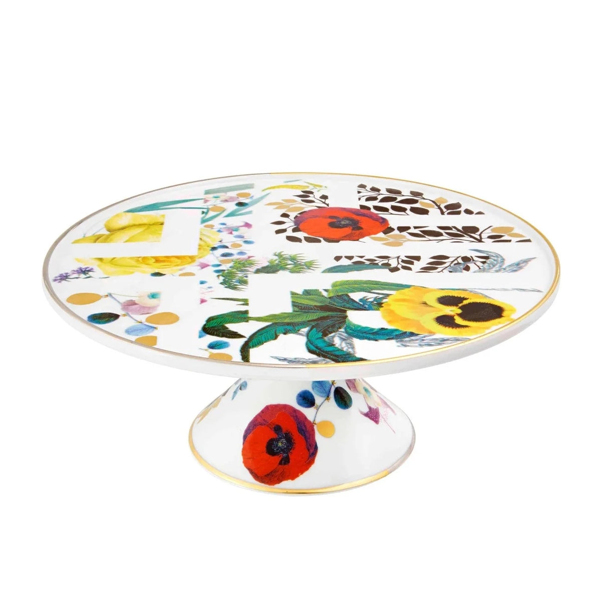 The Primavera Serving Pieces by Vista Alegre feature a white base with colorful floral patterns, green leaves, and gold accents. Inspired by Christian Lacroix, this decorative stand includes coordinating floral motifs on its base—ideal with porcelain dessert plates.