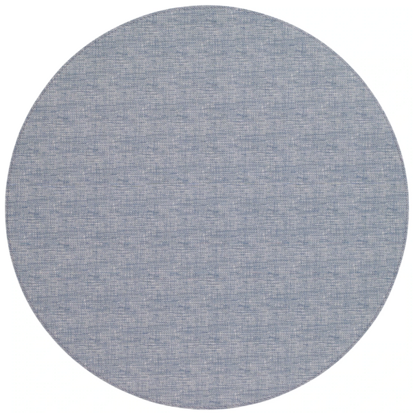 The Bodrum Pronto Placemat Round Set of 4 features light blue, textured, phthalate-free vinyl placemats with a subtle woven pattern. Durable and easy to clean, they're displayed on a white background.