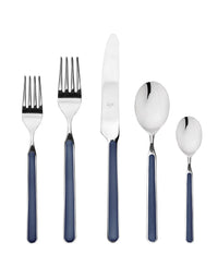 The Mepra Fantasia Flatware 5 Piece Set in blue features two forks, a knife, a tablespoon, and a teaspoon with resin handles. Dishwasher safe and stylish, these Italian pieces are arranged on a white background. Available in 16 colors!.