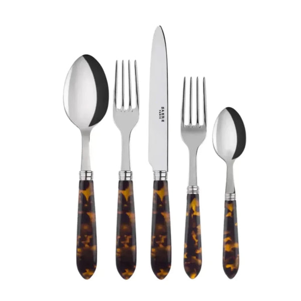 The Sabre Tortoise Flatware 5 Piece Setting includes a tablespoon, knife, dinner fork, salad fork, and teaspoon with 18/10 stainless steel heads and brown marbled tortoiseshell-patterned acrylic handles.