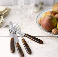 A Sabre Tortoise Flatware 5 Piece Setting rests on a white countertop beside a plate of fruit and walnuts, two empty glasses, and stacked napkins.