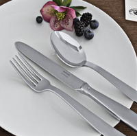 A white plate with the Sambonet Gio Ponti Flatware 5 Piece Setting—fork, knife, and spoon—neatly arranged beside a pink flower, blackberries, blueberries, and greenery on a brown table with a business card in view.