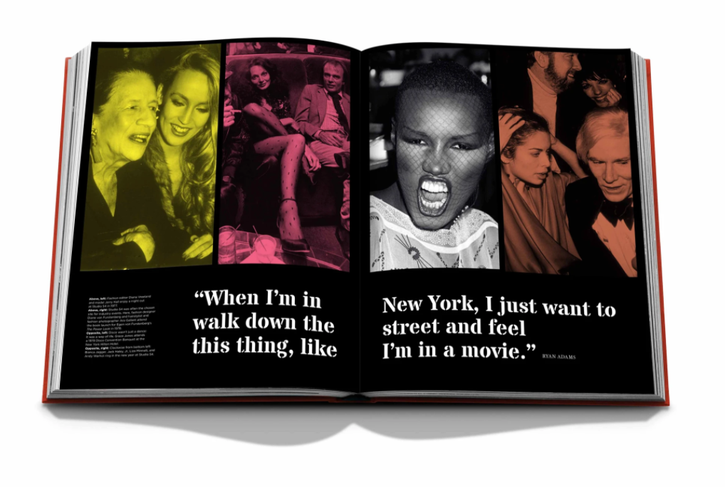 An open copy of "New York By New York" by Assouline showcases nightlife collages in vivid colors and bold text, plus a quote: “When I’m in New York, I just want to walk down the street and feel like I’m in a movie.”.