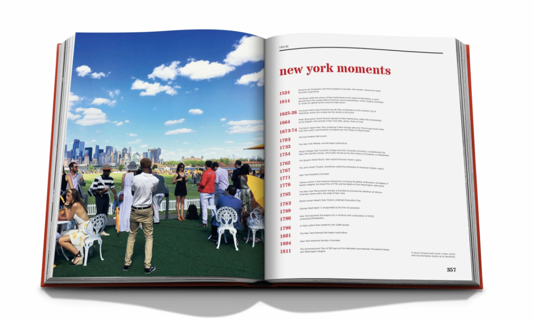 New York By New York by Assouline showcases iconic photos of people socializing outdoors with a city skyline on the left page and a "new york moments" list in red on the right, all elegantly housed in a luxury slipcase.