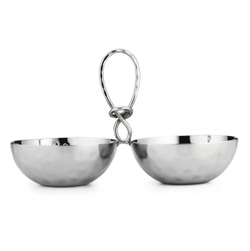 The Mary Jurek Opus Two Bowl Dish features hand-hammered stainless steel with a central decorative loop, making it an elegant housewarming gift displayed on a plain white background.