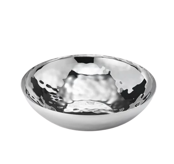 The Luna Serving Bowl 8" by Mary Jurek is a round, shallow stainless steel bowl with a hammered, reflective surface. Modern, stylish, and dishwasher safe, it’s shown on a white background.