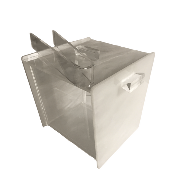 The Eye Candy Acrylic Ice Bucket White Marble features a frosted white marble base, a clear acrylic insert, and an easy-to-clean liner for added convenience.