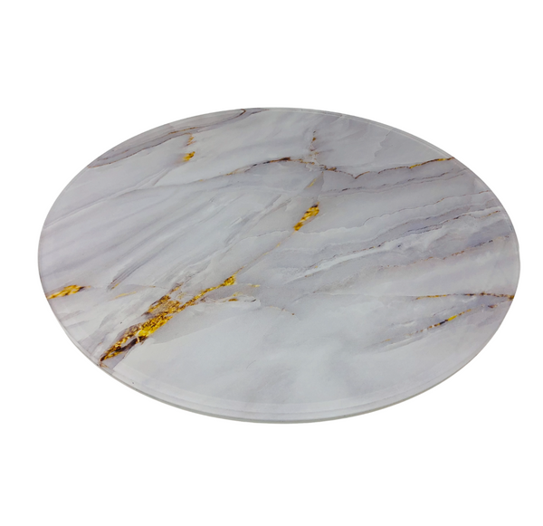 The Eye Candy Lazy Susan Acrylic Gold Marble 16" features a round design with white and gray marble veining, highlighted by gold streaks, displayed on a plain white background.