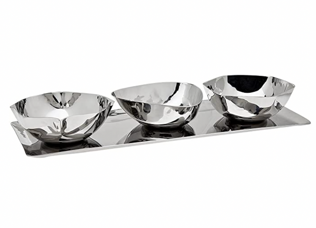 The Godinger Auburn 3-Part Snack Dish & Tray features three modern, reflective bowls with irregular shapes, arranged side by side on a sleek stainless steel tray against a white background.
