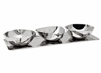 The Godinger Auburn 3-Part Snack Dish & Tray features three modern, reflective bowls with irregular shapes, arranged side by side on a sleek stainless steel tray against a white background.