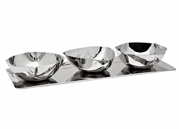 The Godinger Auburn 3-Part Snack Dish & Tray features three modern, reflective bowls with irregular shapes, arranged side by side on a sleek stainless steel tray against a white background.