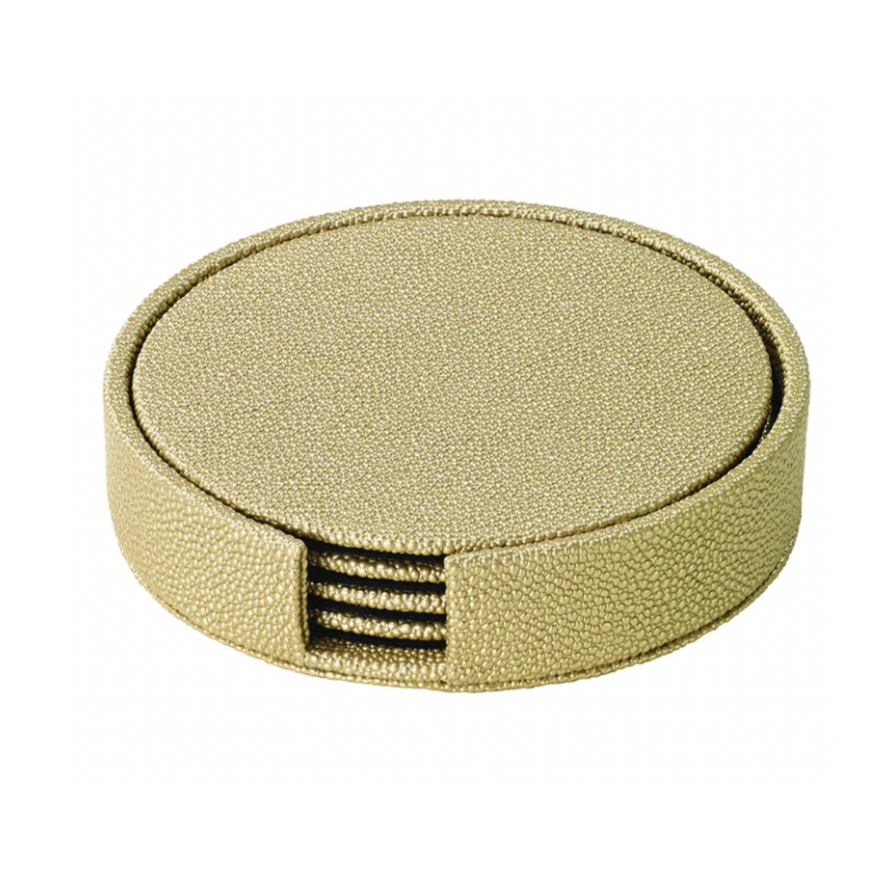 The Bodrum Skate Coaster Set of 4 features round beige, textured, phthalate-free vinyl coasters with a matching holder and open front slot, all shown on a white background.