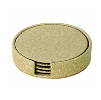 The Bodrum Skate Coaster Set of 4 features round beige, textured, phthalate-free vinyl coasters with a matching holder and open front slot, all shown on a white background.