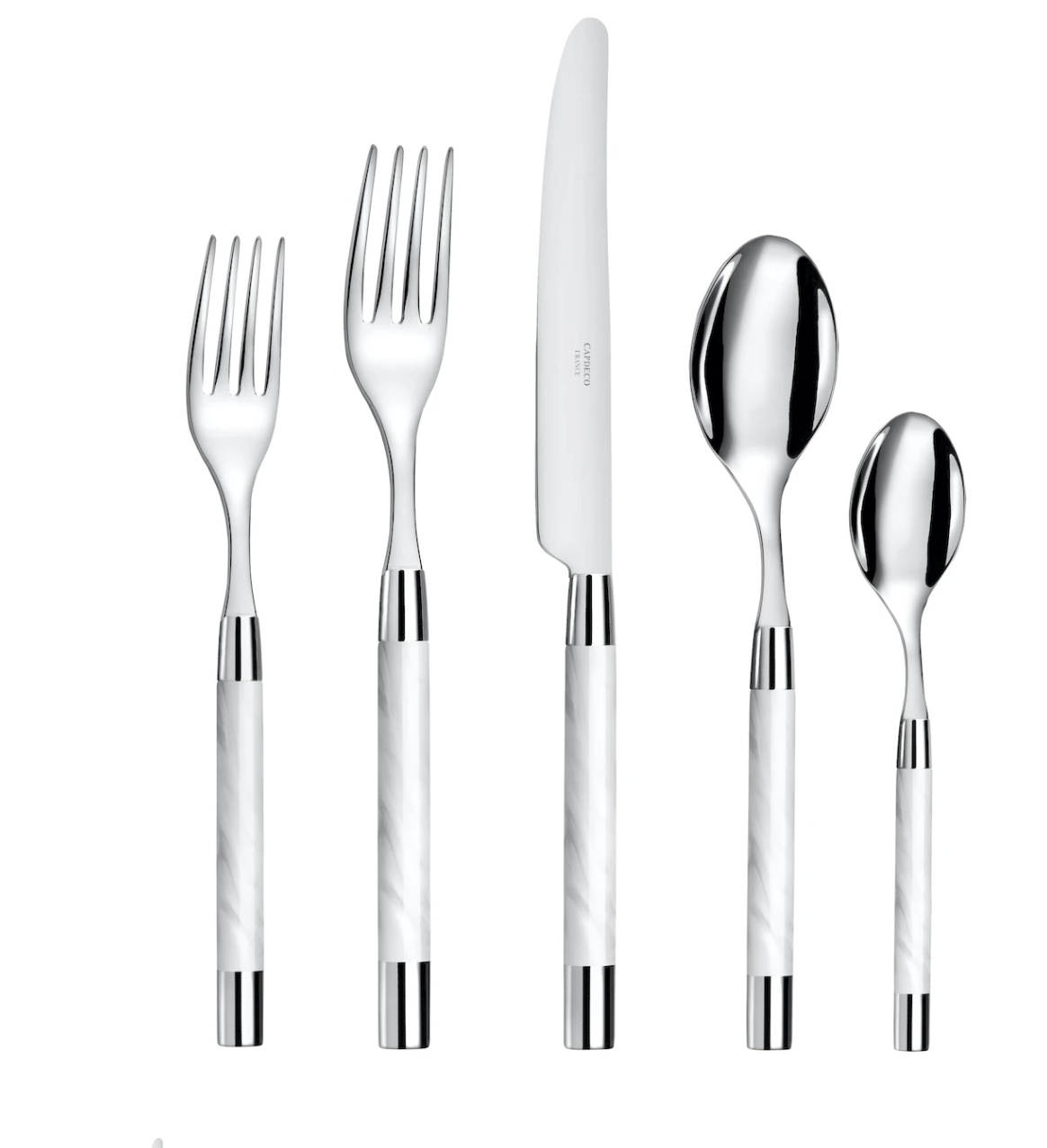 The Capdeco Conty Flatware 5-Piece Setting - White includes two forks, a knife, a tablespoon, and a teaspoon, all crafted from stainless steel with sleek white handles and displayed upright against a white background.