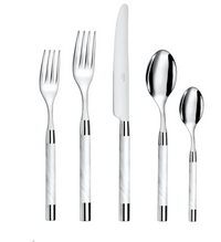 The Capdeco Conty Flatware 5-Piece Setting - White includes two forks, a knife, a tablespoon, and a teaspoon, all crafted from stainless steel with sleek white handles and displayed upright against a white background.