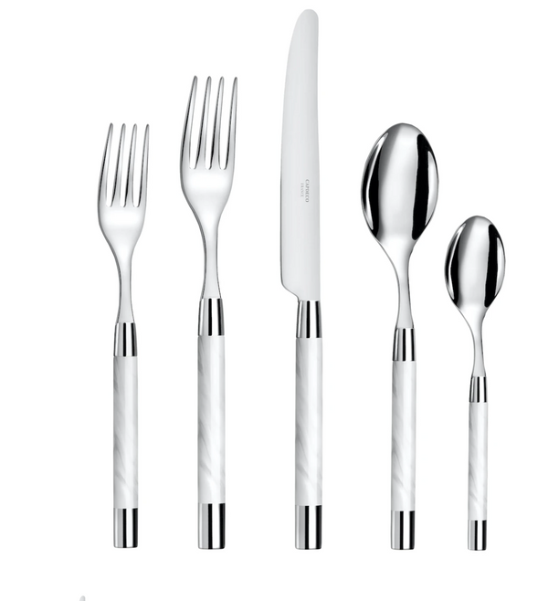 The Capdeco Conty Flatware 5-Piece Setting - White includes two forks, a knife, a tablespoon, and a teaspoon, all crafted from stainless steel with sleek white handles and displayed upright against a white background.