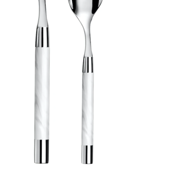 Two stainless steel spoons with glossy white marbled handles from Capdeco's Conty Flatware 5-Piece Setting - White are displayed side by side, ideal for enhancing any elegant tabletop arrangement.