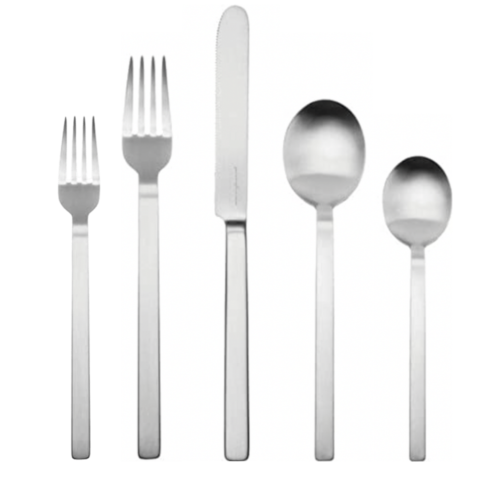 The Mepra Stile Ice Flatware 5 Piece Setting features a salad fork, dinner fork, knife, soup spoon, and teaspoon made of 18/10 stainless steel with modern handles, all arranged side by side on a white background.