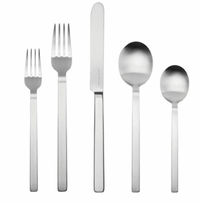 The Mepra Stile Ice Flatware 5 Piece Setting features a salad fork, dinner fork, knife, soup spoon, and teaspoon made of 18/10 stainless steel with modern handles, all arranged side by side on a white background.
