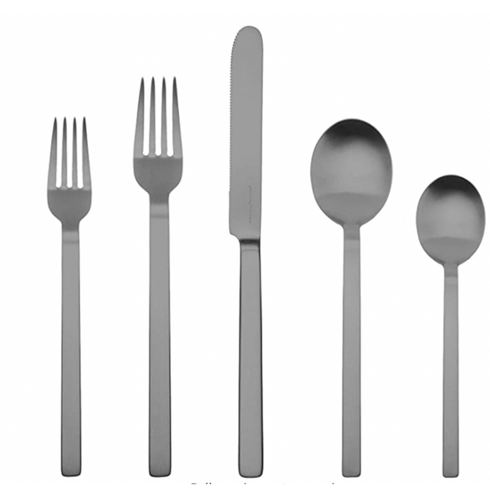 The Mepra Stile Oro Flatware 5 Piece Setting includes salad fork, dinner fork, dinner knife, soup spoon, and teaspoon, all crafted in Italian stainless steel with a modern design and durable PVD titanium coating.