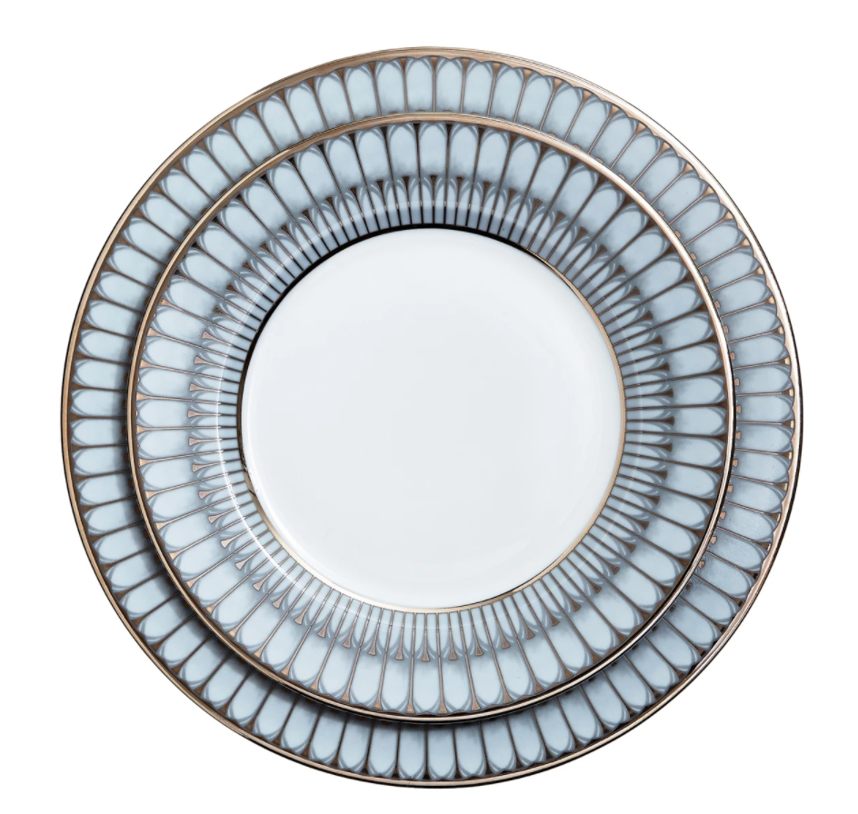 A set of three nested round plates from the Philippe Deshoulieres BIA Arcades Platinum Dinnerware, featuring a white center and intricate blue-gray geometric border, made in France and photographed from above on a white background.