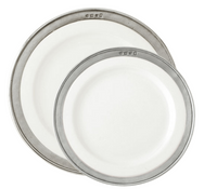 Two white ceramic plates—one large, one small—with wide pewter rims from MATCH Convivio overlap on a white background, highlighting the refined Italian craftsmanship of MATCH dinnerware.