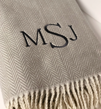 The A Soft Idea Personalized Throw Blanket features a beige herringbone pattern, cream fringe, and MSJ monogrammed in large black letters for a classic, custom touch.