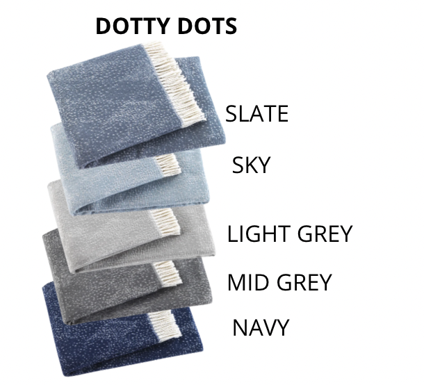 Five folded Personalized Throw Blankets by A Soft Idea in a dotted pattern are stacked: Slate, Sky, Light Grey, Mid Grey, and Navy. Choose your favorite for a unique personalized touch. DOTTY DOTS appears at the top.