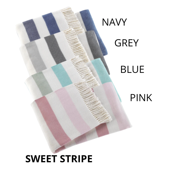 Four folded Personalized Throw Blankets by A Soft Idea, in NAVY, GREY, BLUE, and PINK stripes, are shown. “SWEET STRIPE” appears at the bottom left—ideal for a cozy custom touch in your space.