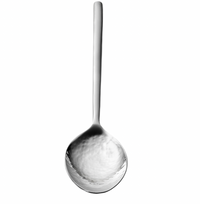 The Mary Jurek Versa Vegetable Spoon, featuring a long handle and round, deep bowl, is expertly handcrafted—ideal for serving vegetables and shown from above on a white background.