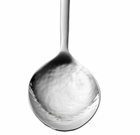 A close-up of the Mary Jurek Versa Vegetable Spoon facing up, showcasing its shiny, textured, reflective bowl and smooth handle extending upward.