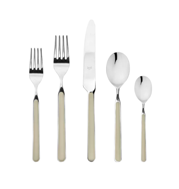 The Mepra Fantasia Flatware 5 Piece Set, available in 16 colors, features a salad fork, dinner fork, knife, tablespoon, and teaspoon with resin handles displayed side by side on a white background.