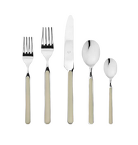 The Mepra Fantasia Flatware 5 Piece Set, available in 16 colors, features a salad fork, dinner fork, knife, tablespoon, and teaspoon with resin handles displayed side by side on a white background.