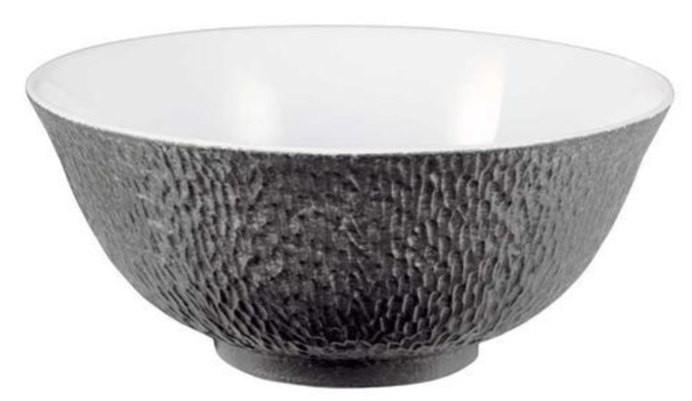The Raynaud Mineral Irise Dinnerware Dark Grey bowl features a textured dark gray exterior and smooth, glossy white Limoges porcelain interior, shown against a plain white background.