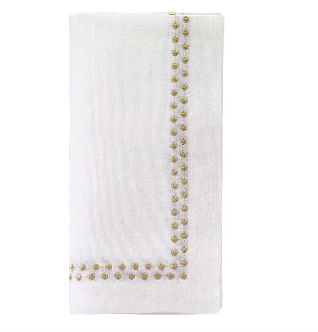 The Pearls Napkin Gold Set of 4 by Bodrum features neatly folded white linen napkins, each adorned with two rows of delicate gold embroidered dots in an L-shaped border—an elegant touch to any table setting.