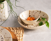Two Delaney Bronze Splatter Dinnerware bowls by Blue Pheasant are nested together; orange cherry tomatoes fill the smaller bowl, while a green leafy twig rests in the larger. They're arranged on a gray countertop with a woven placemat and nearby plant.
