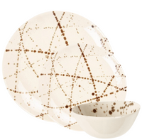 The Delaney Bronze Splatter Dinnerware by Blue Pheasant is a handmade stoneware set with two plates and a bowl, featuring a cream base with distinctive brown dotted and splattered patterns for a unique bronze finish.