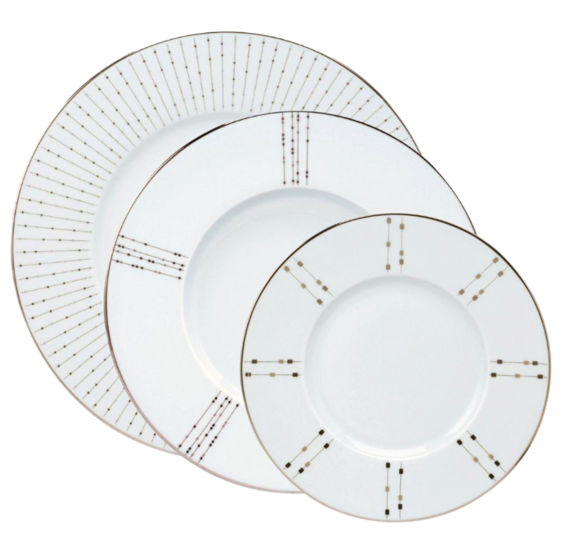 The Carrousel Dinnerware by Philippe Deshoulieres features three stacked white Limoges porcelain plates of varying sizes, each rimmed with gold geometric dotted lines for an elegant, refined presentation.